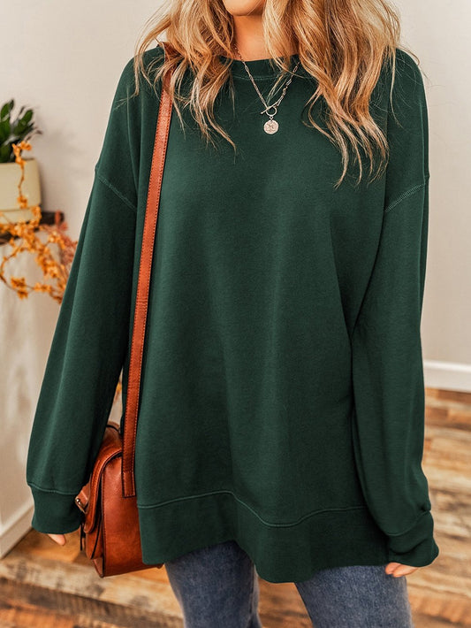 Green Drop Shoulder Split Hem Sweatshirt with Oversized Fit