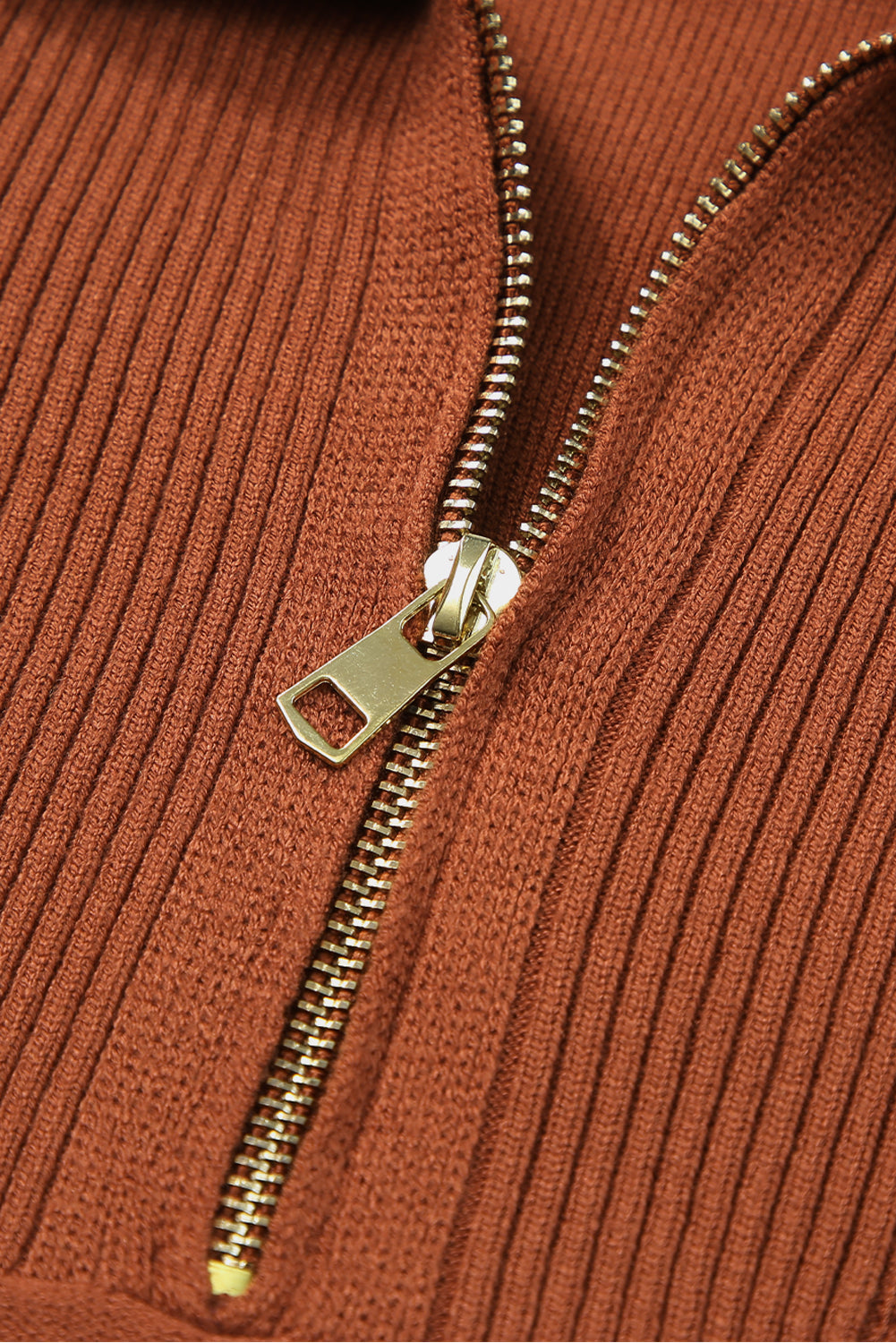 Cozy Brown Zip-Up Collar Plus Size Sweater with Ribbed Detail