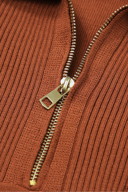 Cozy Brown Zip-Up Collar Plus Size Sweater with Ribbed Detail
