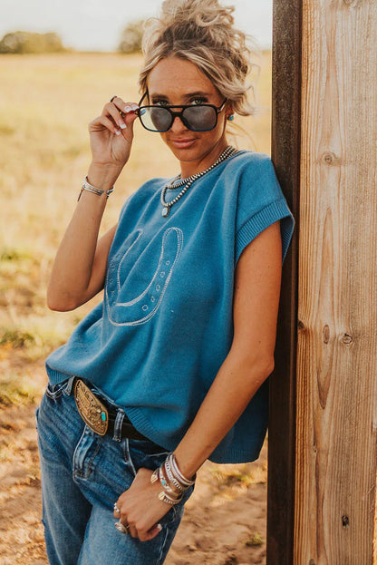 Light Blue Horse Shoe Embroidered Loose Short Sleeve Sweater