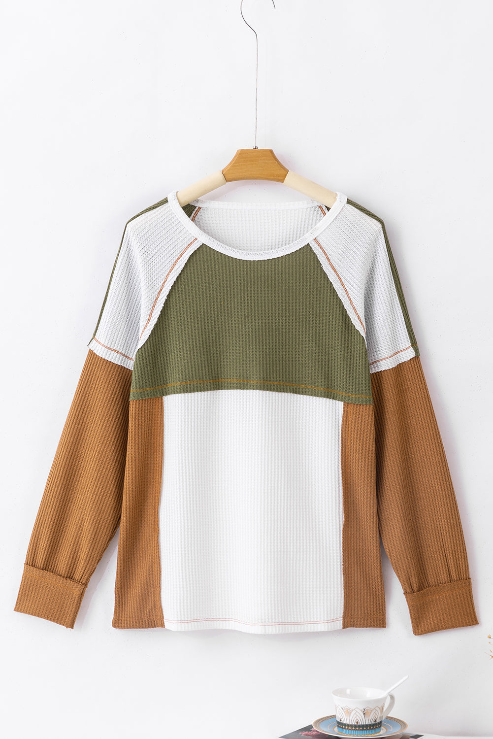 Green Block Patchwork Long Sleeve Waffle Knit Top