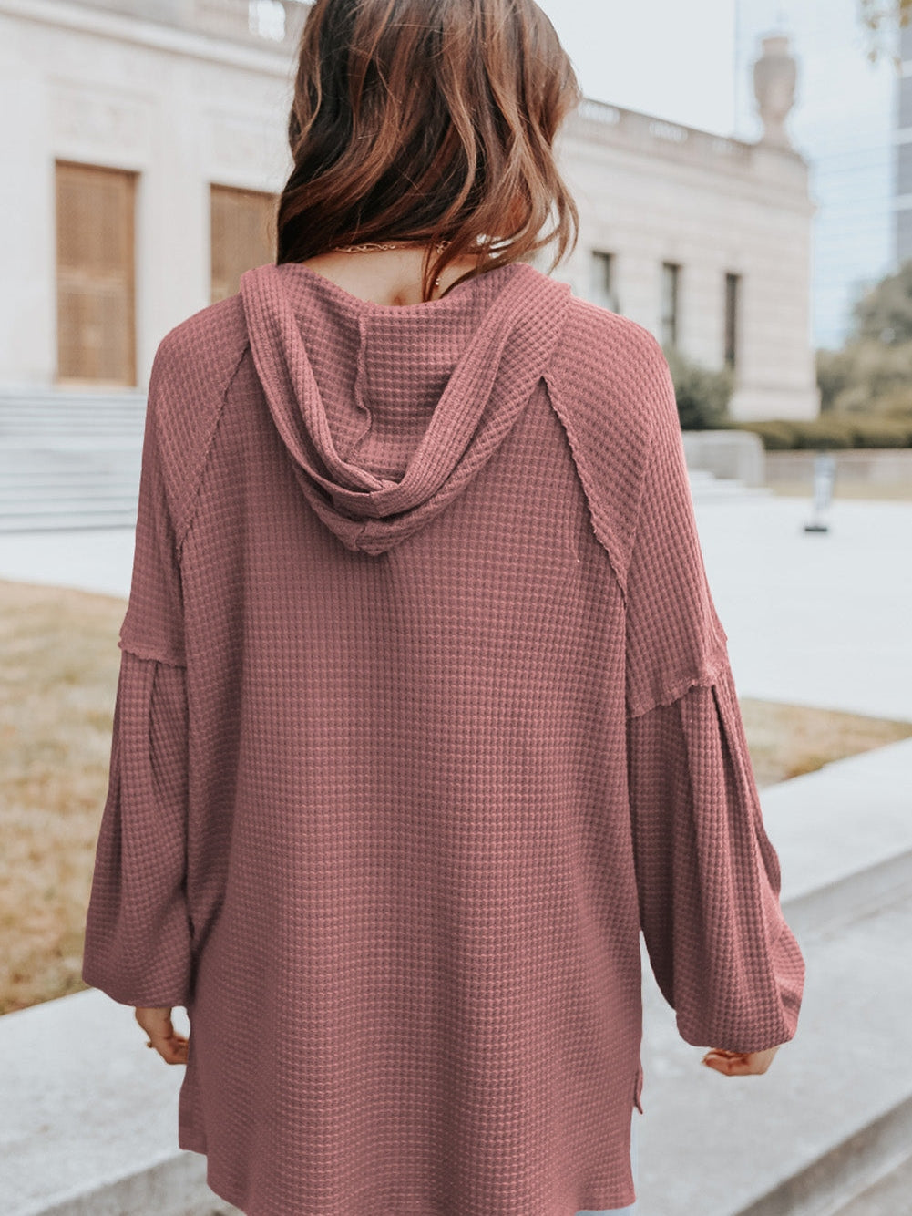 Fiery Red Oversized Waffle Knit Henley Hoodie with Drop Shoulder