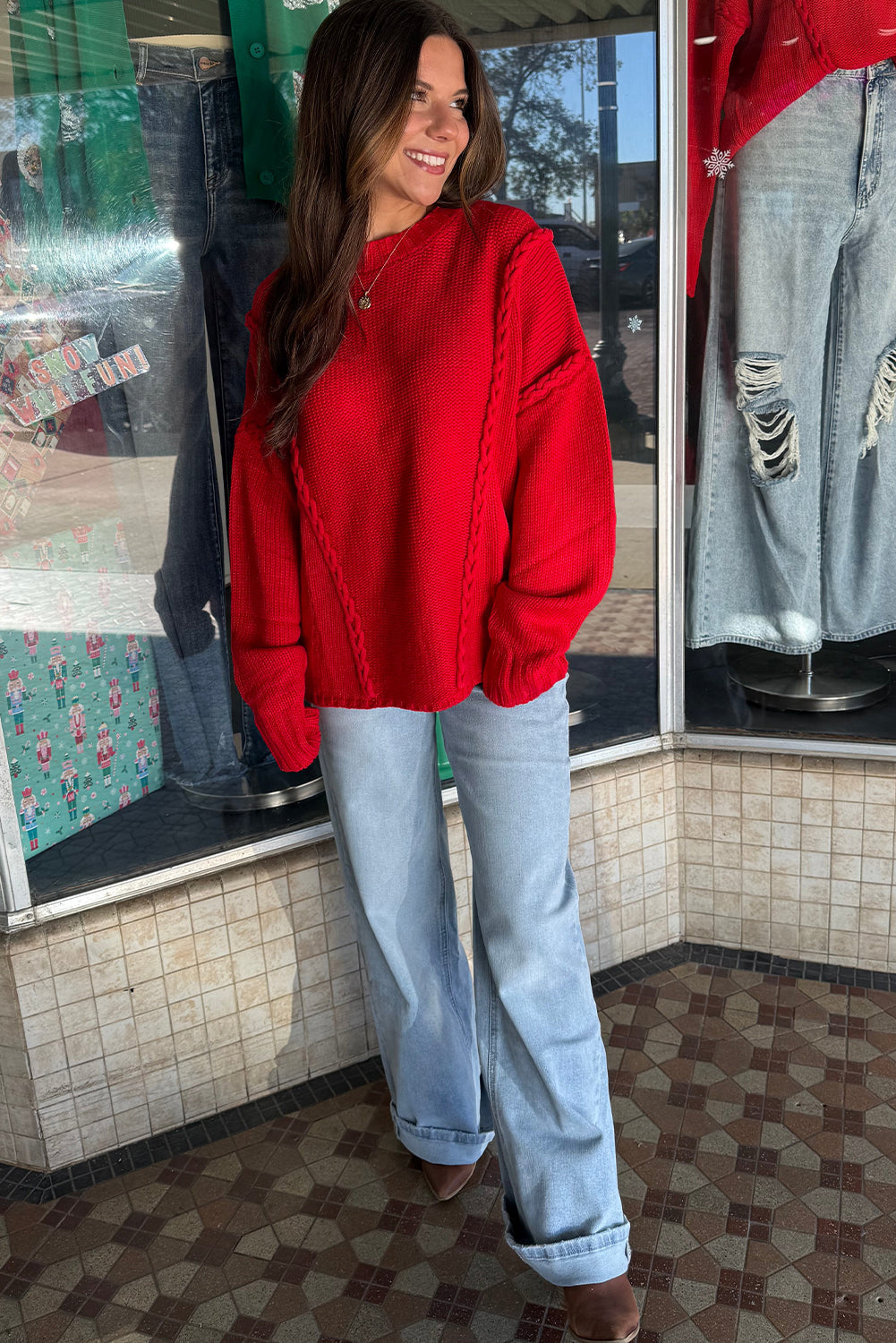 Racing Red Braided Accent Relaxed Festive Holiday Sweater