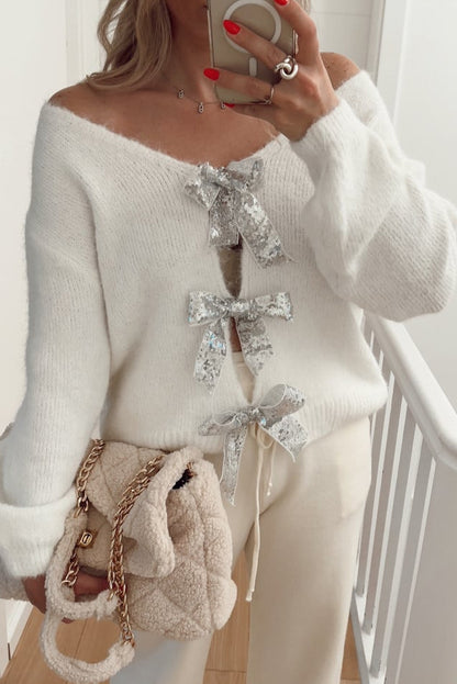 White Sequined Bow Knot Decor Plush Knit Drop Shoulder Sweater