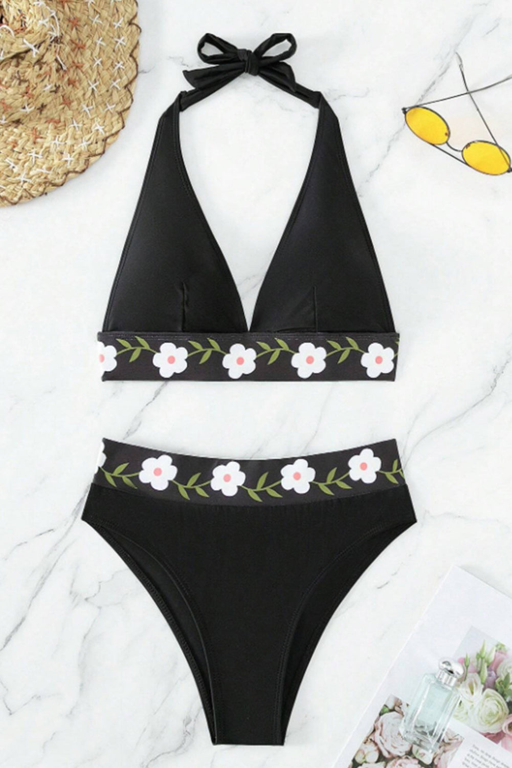 Elegant Black Floral Embroidered Halter Bikini