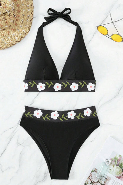 Elegant Black Floral Embroidered Halter Bikini