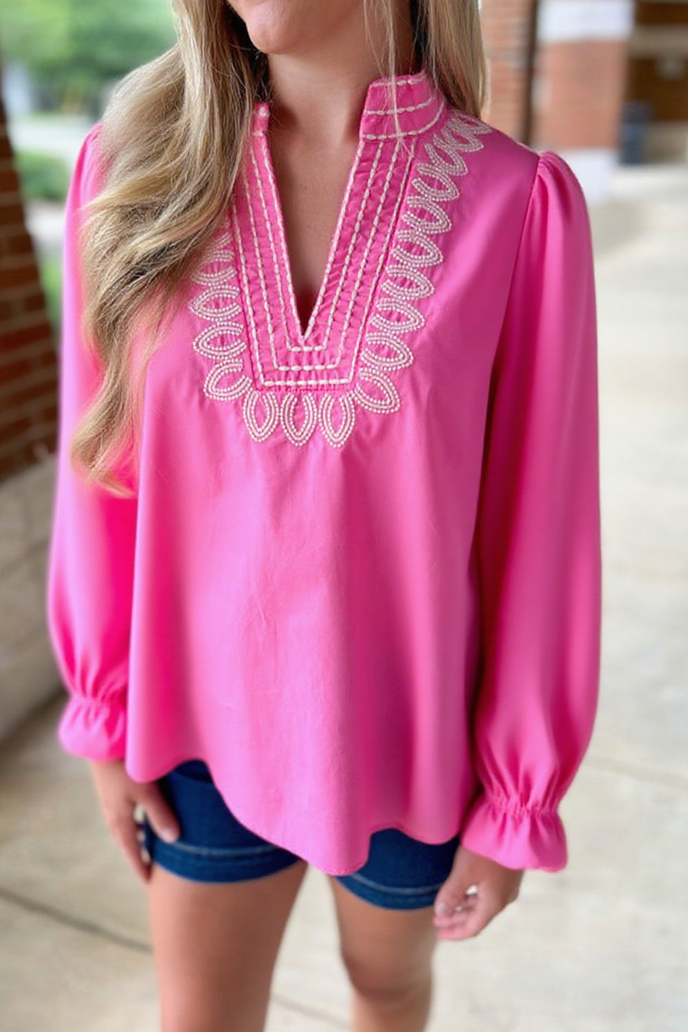 Bright Pink Embroidered V Neck Long Flounce Sleeve Blouse