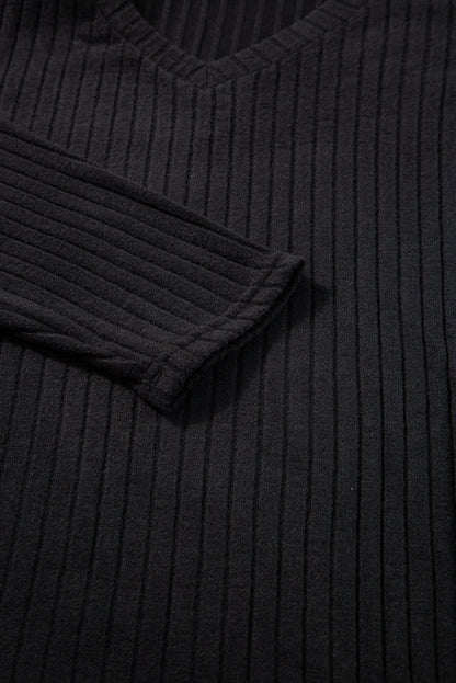 Black Plus Size Ribbed V Neck Pullover and Pants Set