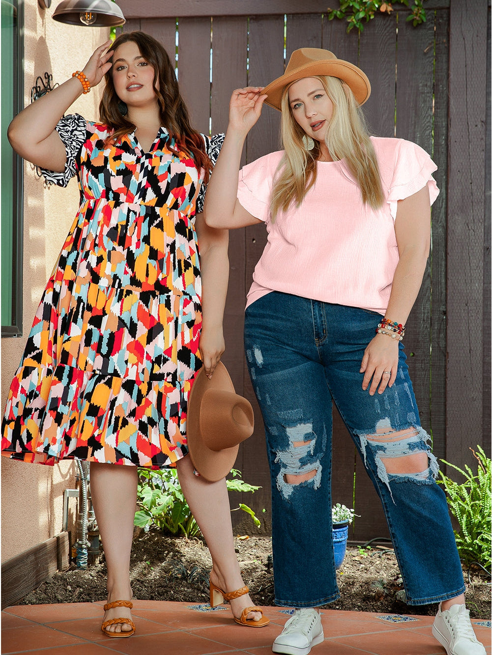 Pink Geometric Print Tiered Shift Dress for Plus Size Fashionistas