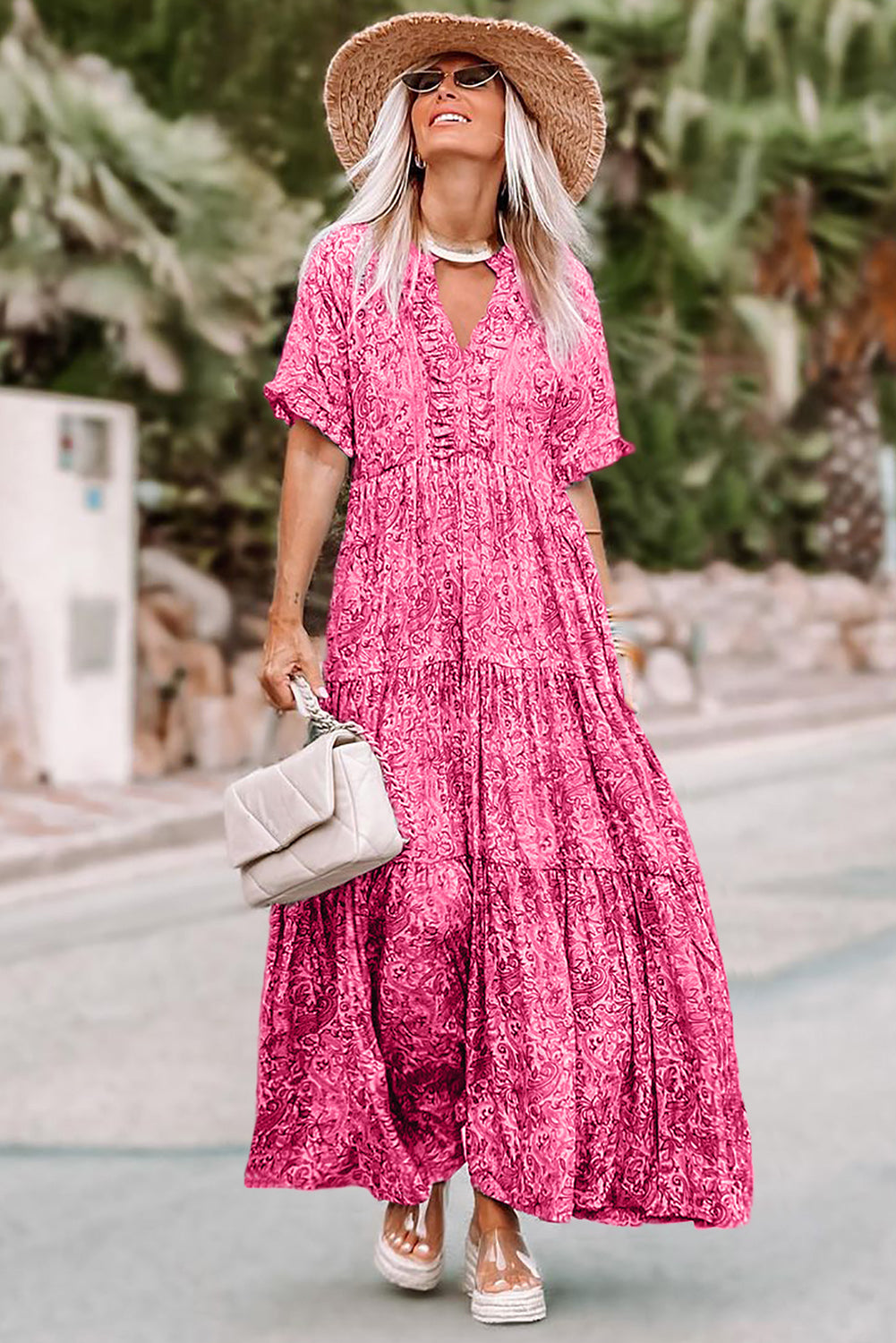 Mid-sleeve V-neck Bohemian Long Dress