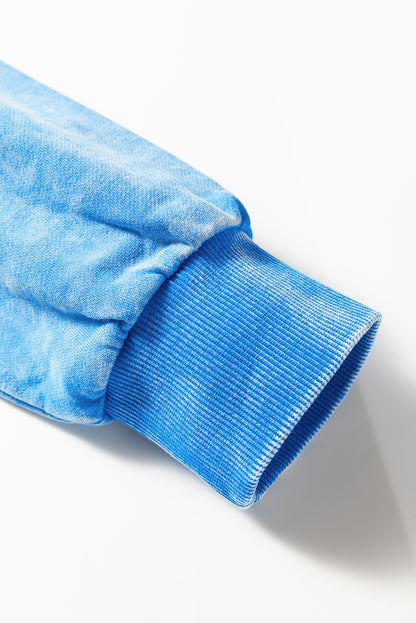 Blue Mineral Wash Raw Seam Double Patched Pocket Drop Shoulder Sweatshirt