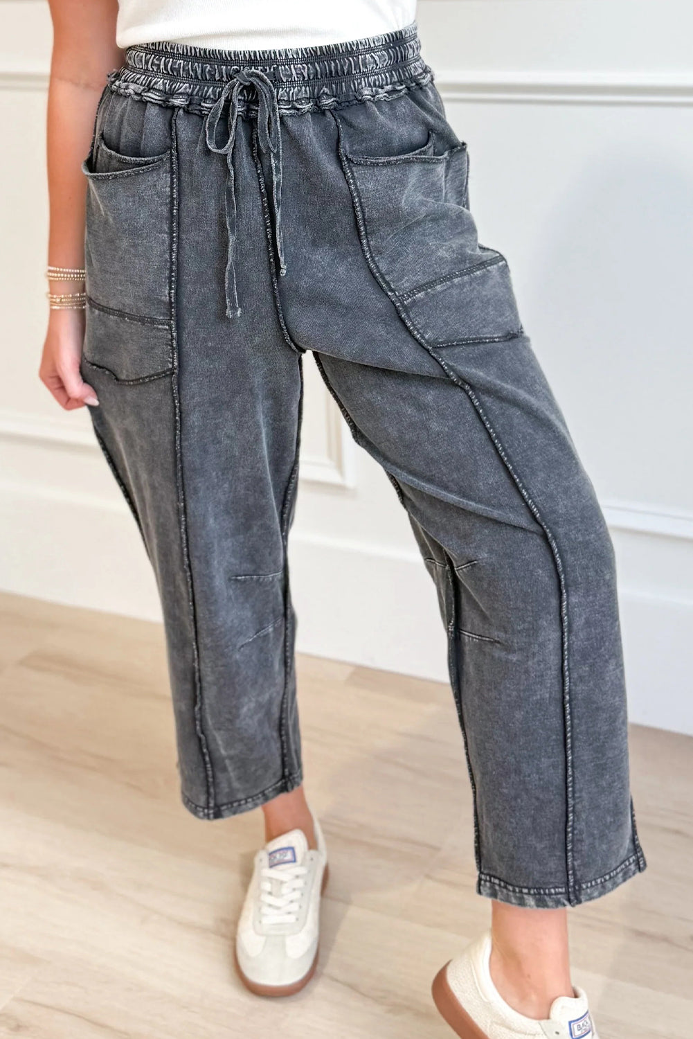 Dark Grey Mineral Wash Exposed Seam Drawstring Elastic Waist Loose Pants