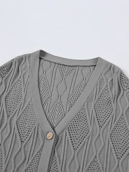 Cozy Gray Hollow Knit Plus Size Button-Up Cardigan
