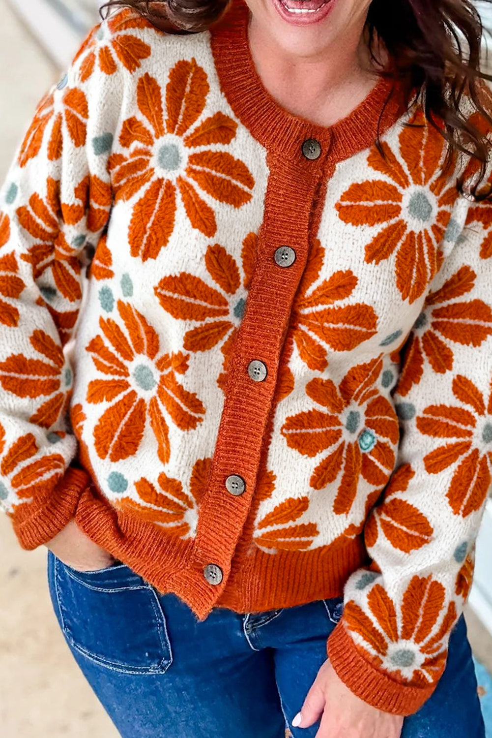 Orange Floral Print Buttoned Front Plus Size Short Cardigan