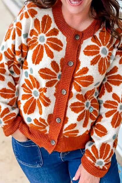 Orange Floral Print Buttoned Front Plus Size Short Cardigan