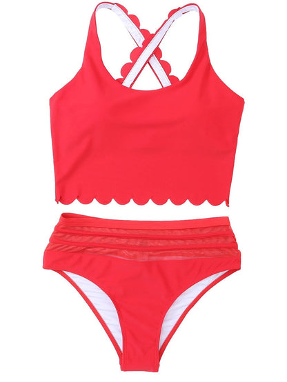 Fiery Red Scallop Trim High Waisted Bikini Set