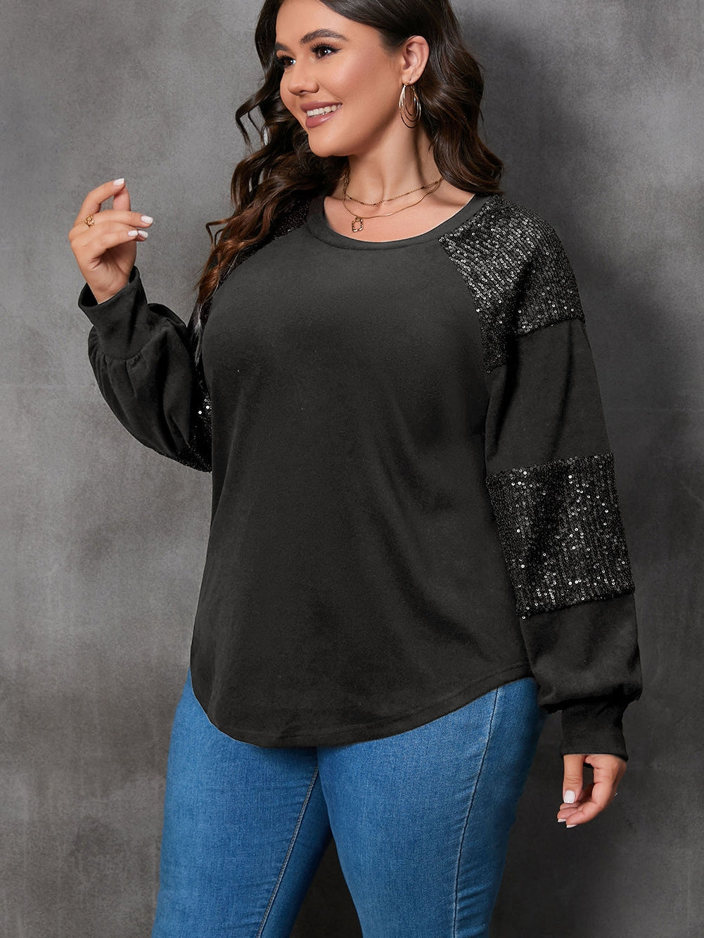 Sparkling Black Plus Size Sequin Patchwork Long Sleeve Top