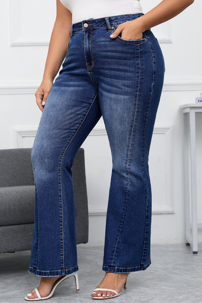Vintage Washed Blue Flared Denim Jeans for Plus Size Women