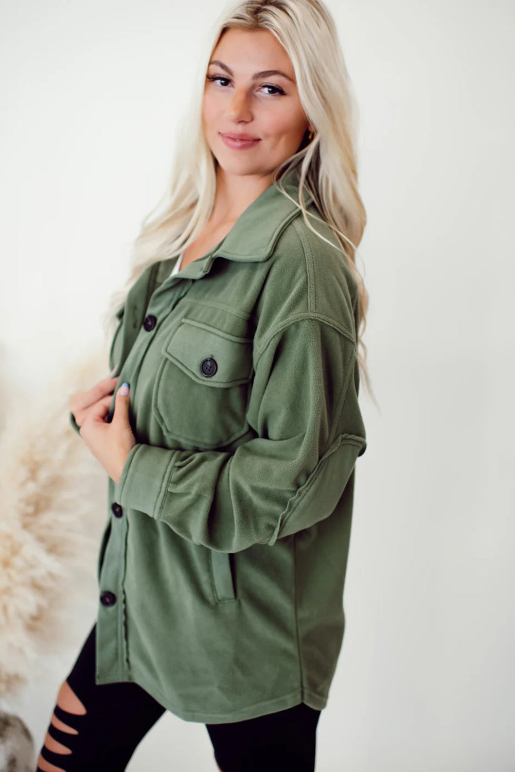 Smoke Green Solid Color Exposed Seam Patchwork Button Down Fleece Shacket