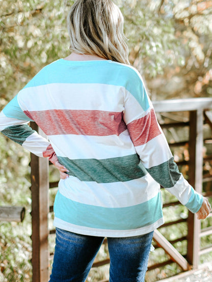 Green Striped Colorblock Shift Top for Curvy Women