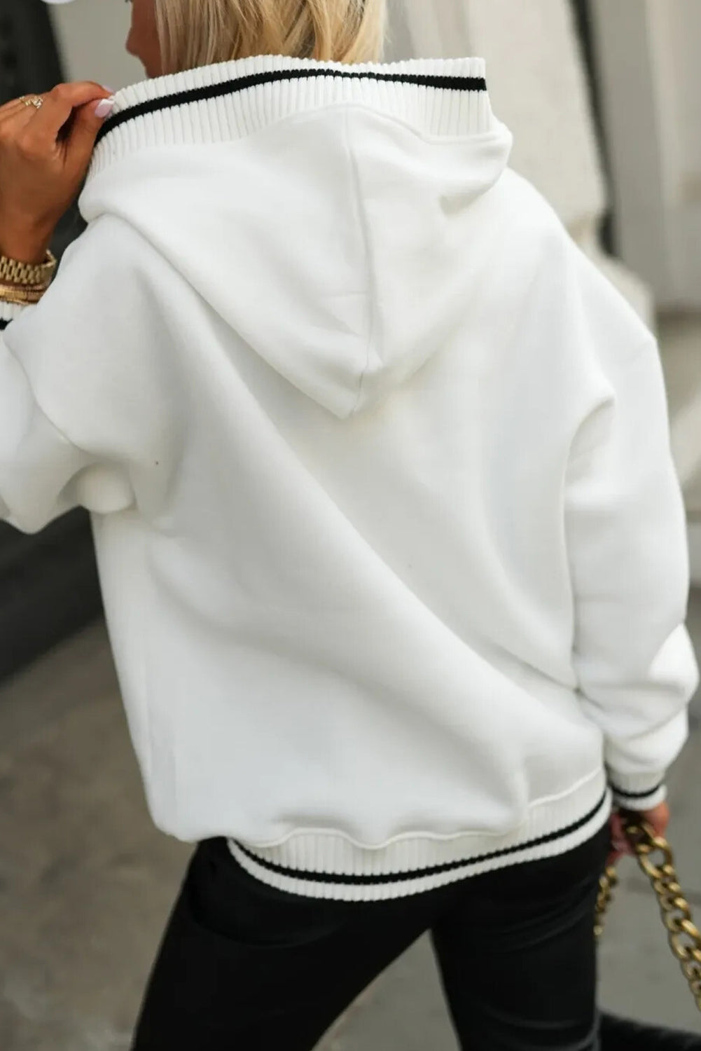 White Varsity Stripes Ribbed Detail Preppy Casual Hoodie