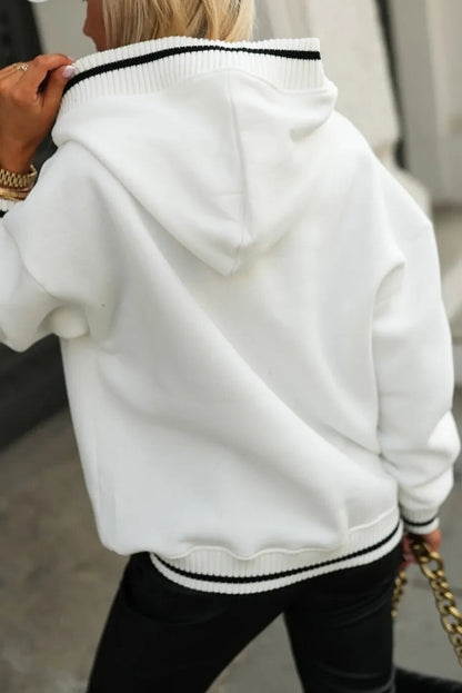 White Varsity Stripes Ribbed Detail Preppy Casual Hoodie