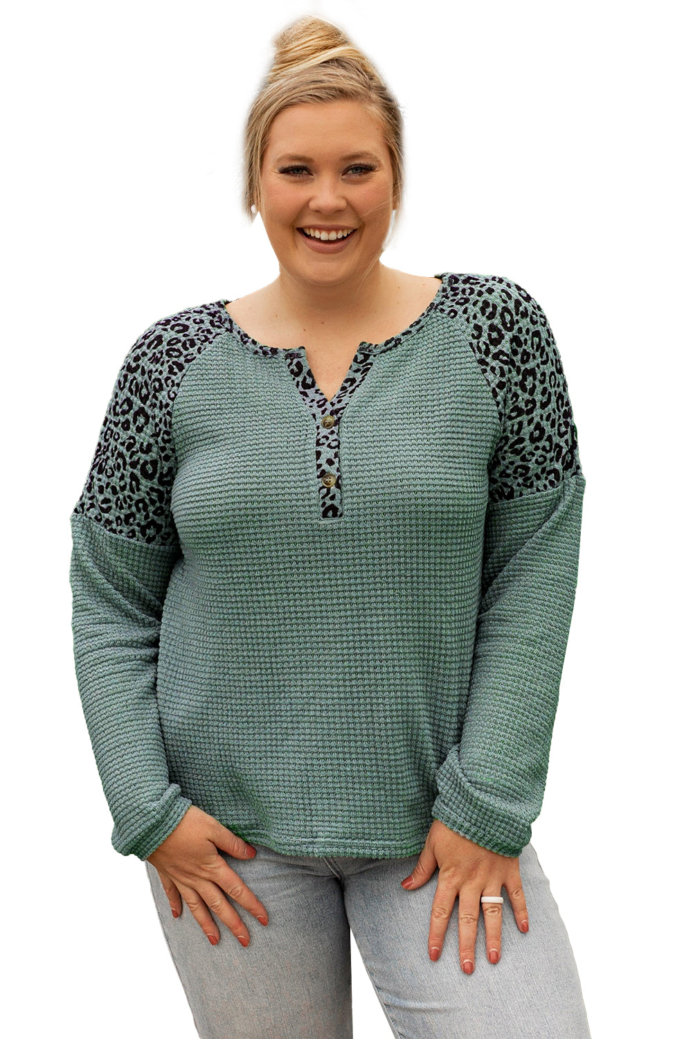 Mist Green Leopard Patchwork Textured Knit Plus Size Henley Top