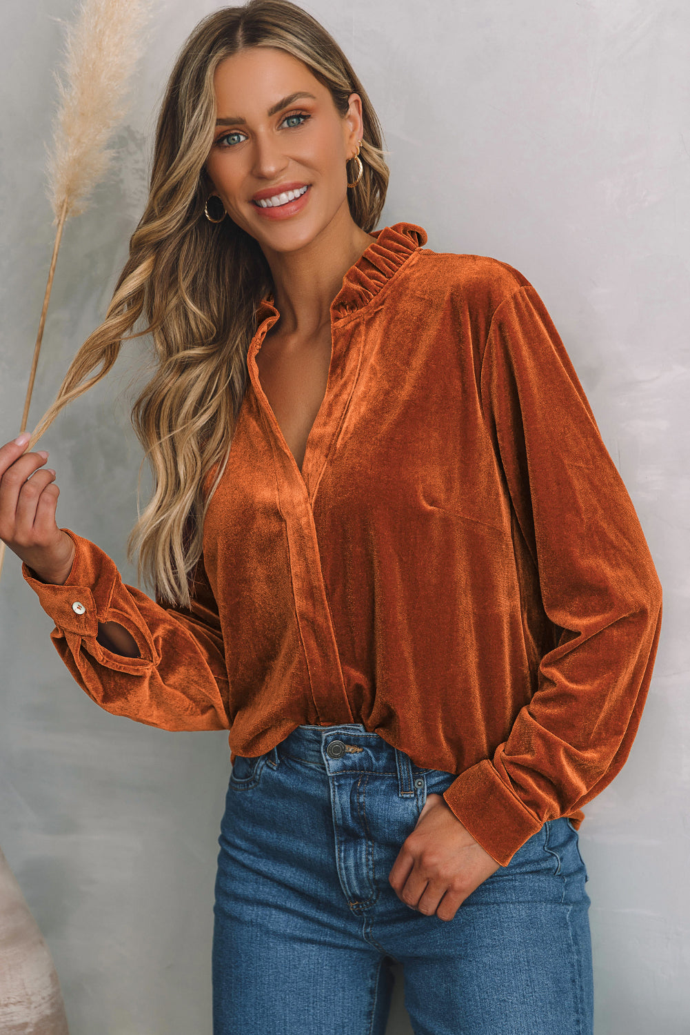 Golden Flame Frill-Collared Velvet Blouse