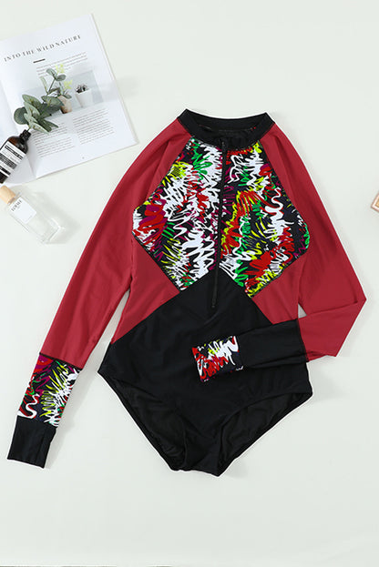 Flaming Red Blossom Striped Patchwork Rashguard One-piece Swimwear