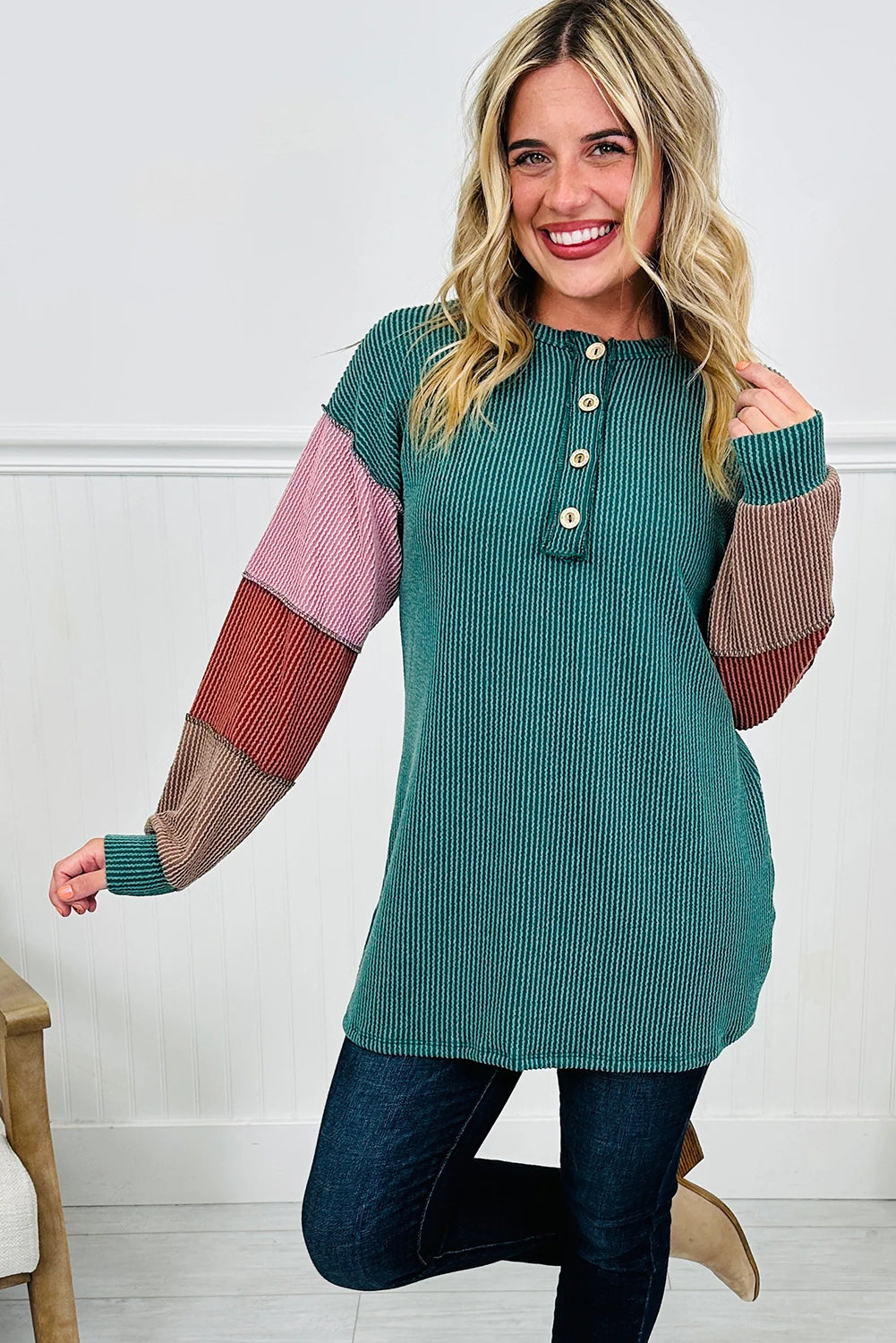 Lapis Twisted Ribbed Exposed Seam Color Block Patchwork Long Sleeve Henley Top