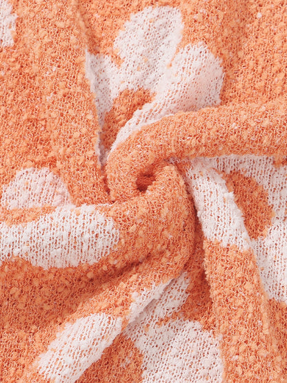 Grapefruit Orange Floral Knit Drop Shoulder Sweater with Fuzzy Texture