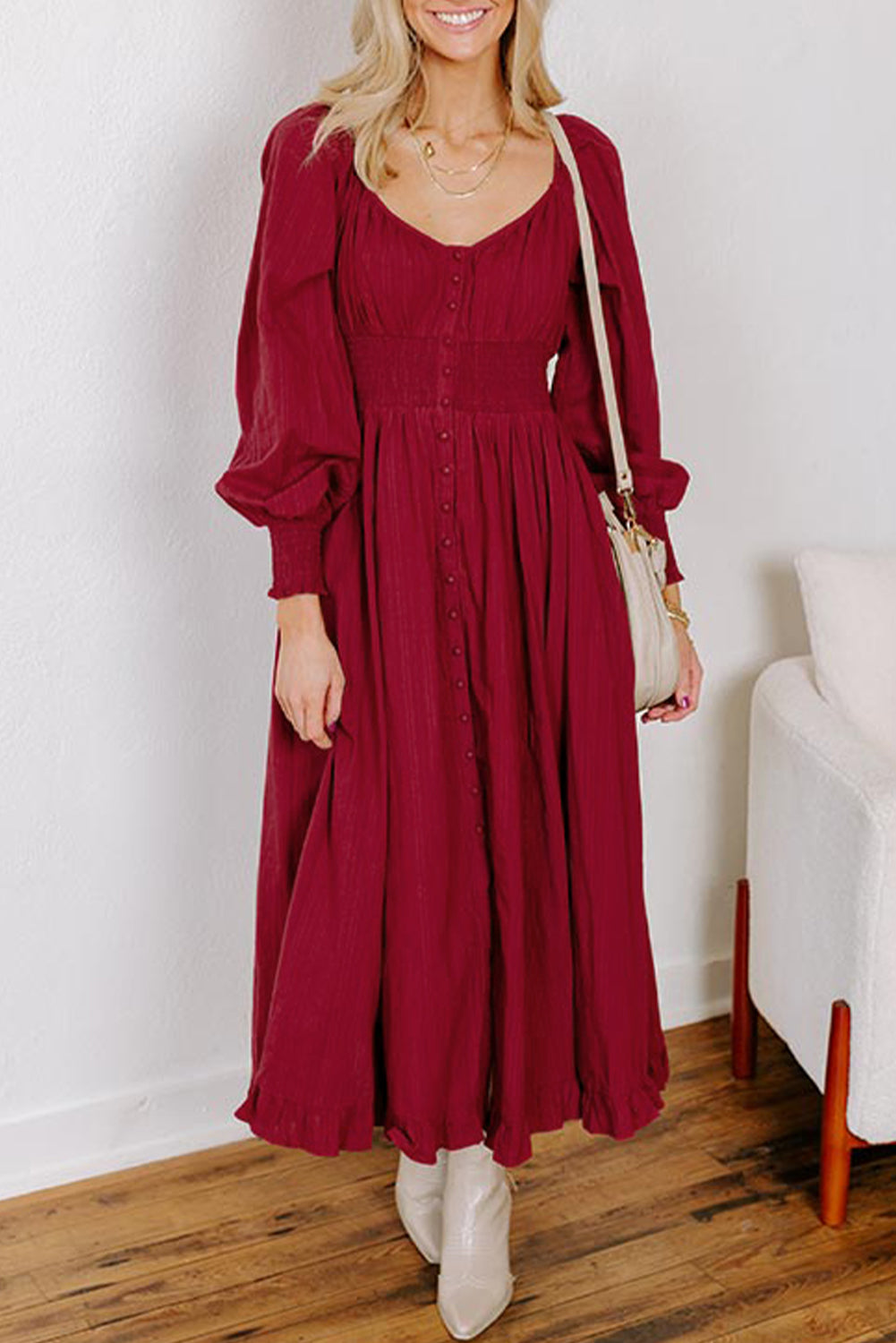 Racing Red Smocked High Waist Button Down Long Sleeve Flared Dress