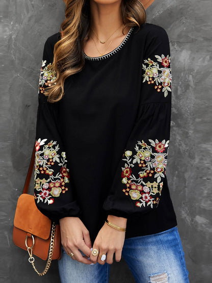 Elegant Floral Embroidered Black Top