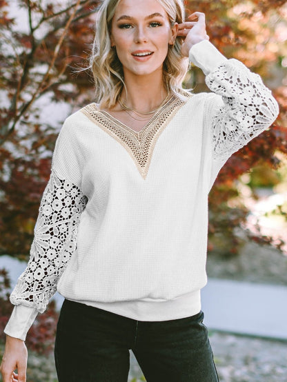 Elegant White Guipure Lace V-Neck Winter Top
