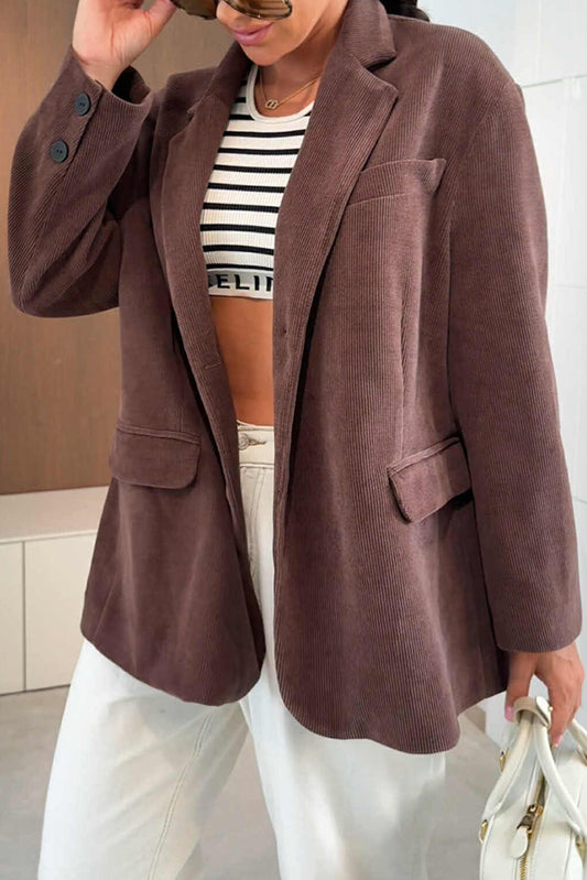 Dark Brown Solid Color Lapel Collar Winter Corduroy Blazer