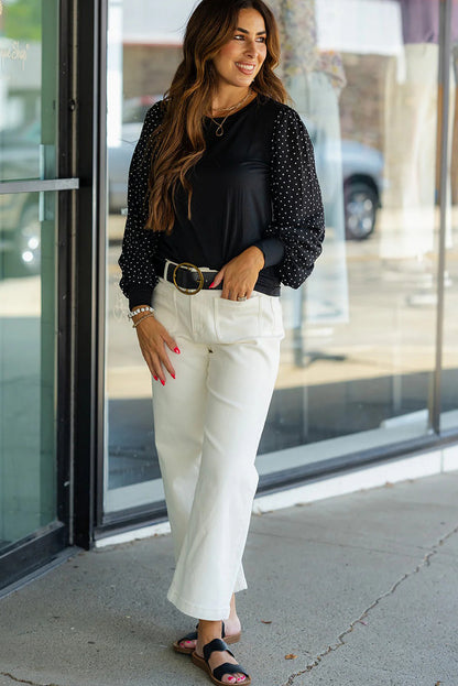 Black Polka Dot Chiffon Long Sleeve Patchwork Round Neck Blouse