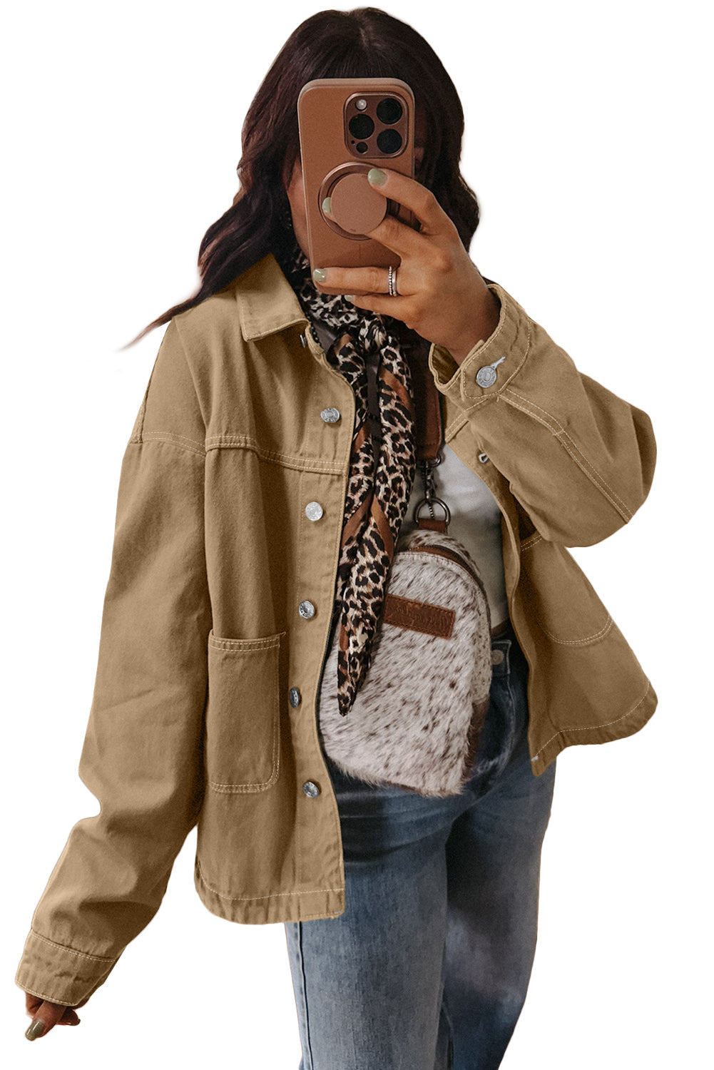 Parchment Patched Pocket Collared Button Front Boyfriend Denim Jacket