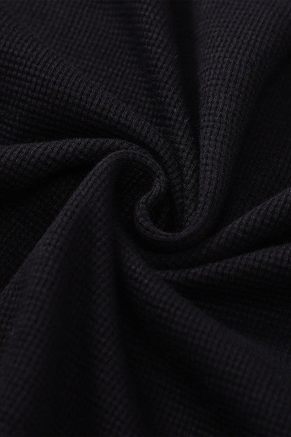 Elegant Black Waffle Knit Henley Top with Button Front