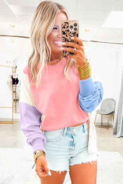 Apricot Pink Color Block Patchwork Split Hem Casual Sweatshirt
