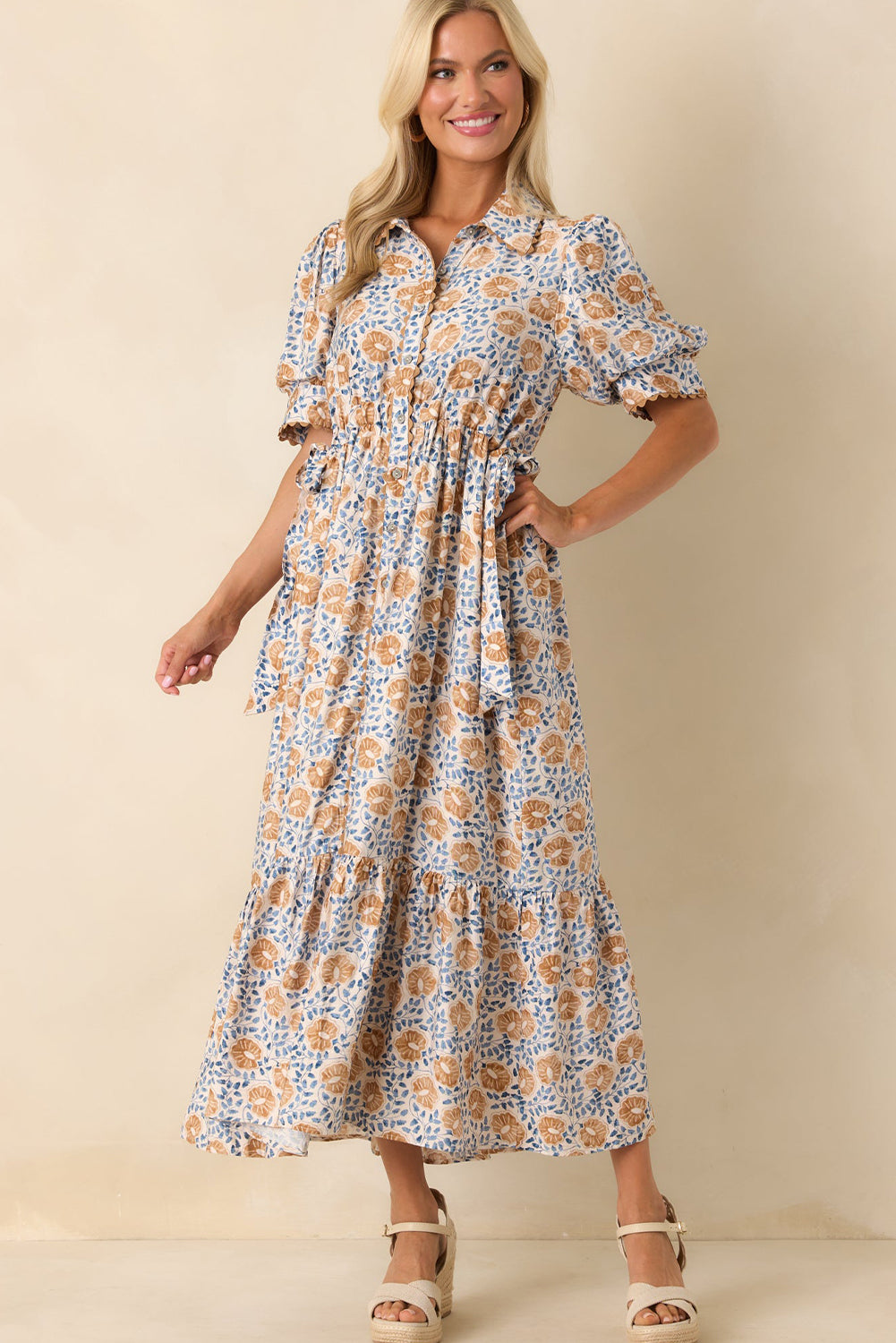 Sky Blue Multi Floral Print Shirt Collar Button Down Short Sleeve Maxi Dress