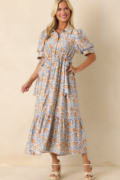 Sky Blue Multi Floral Print Shirt Collar Button Down Short Sleeve Maxi Dress