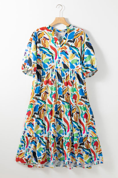 Green Abstract Print Notch Neck Bubble Sleeve Plus Dress