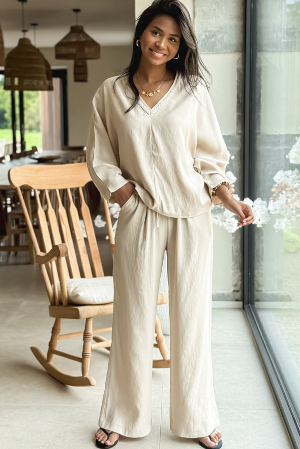 White Braided V Neck Long Sleeve Loose Top and Drawstring High Waist Pants 2pcs Outfit