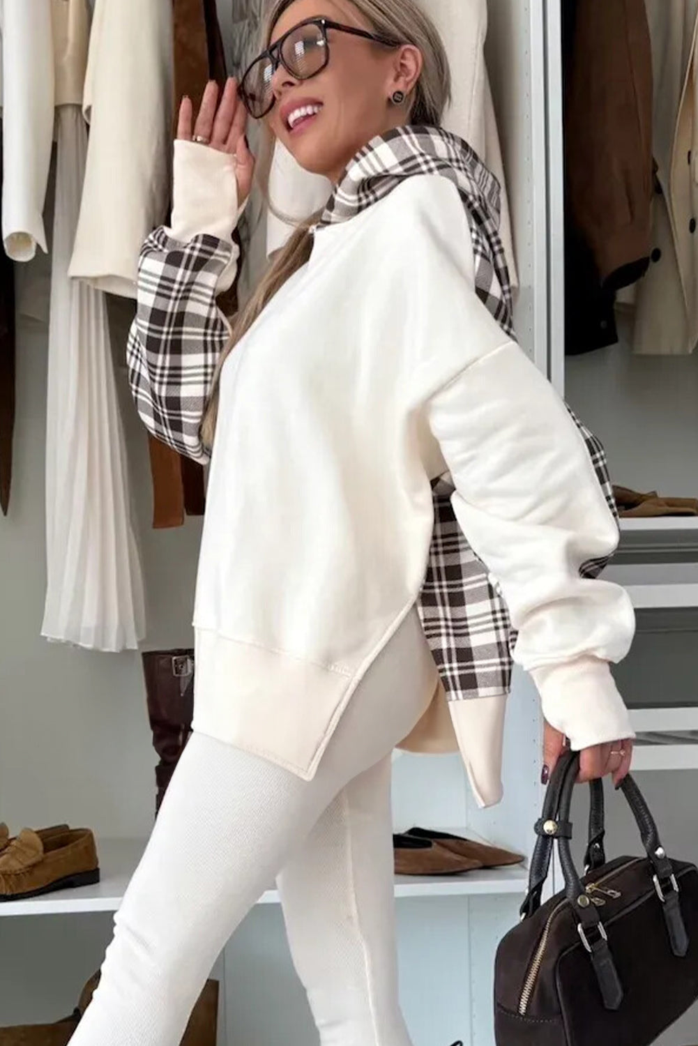 Beige Plaid Patchwork Side Slit Sweatshirt