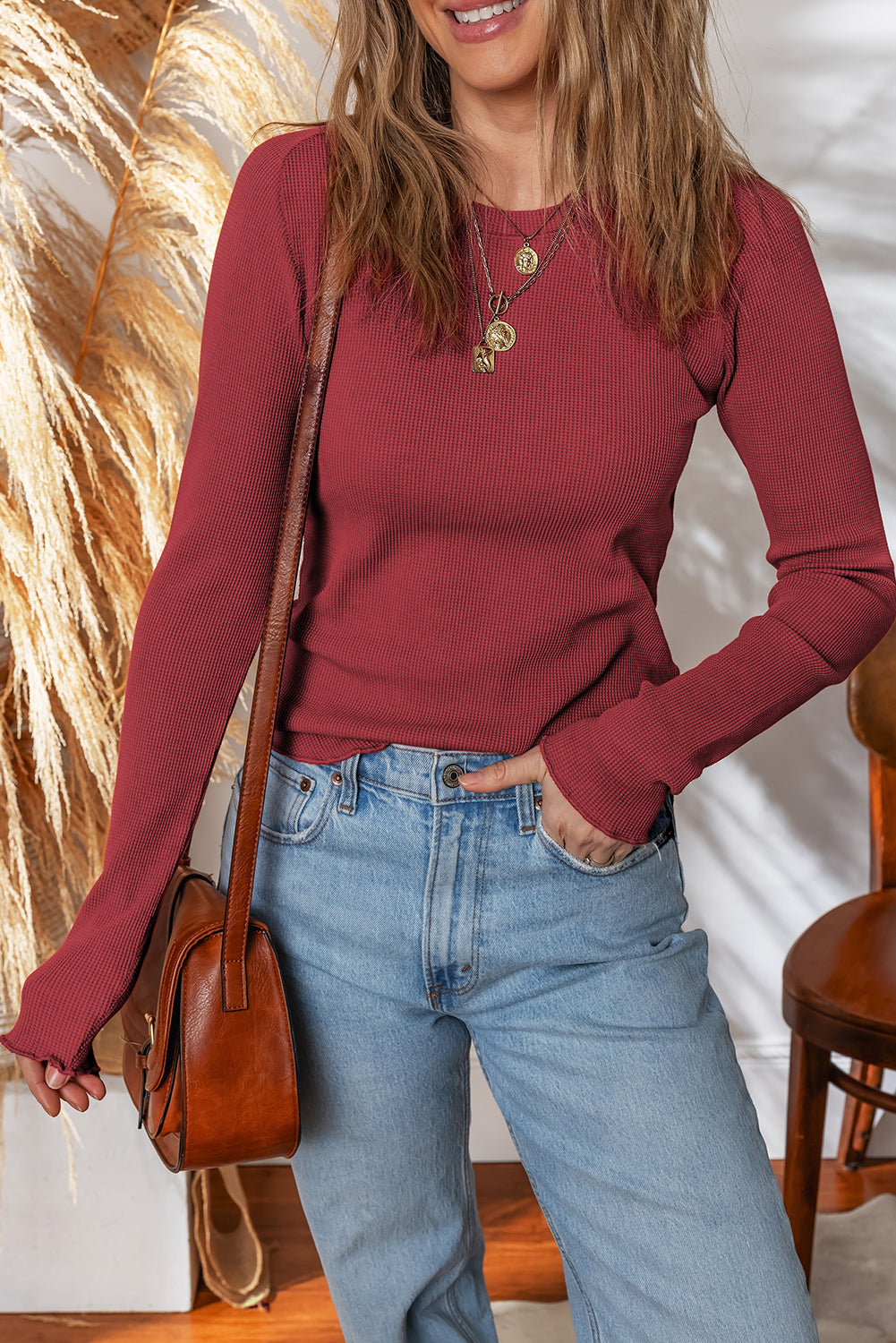 Red Dahlia Waffle Knit Round Neck Long Sleeve Top