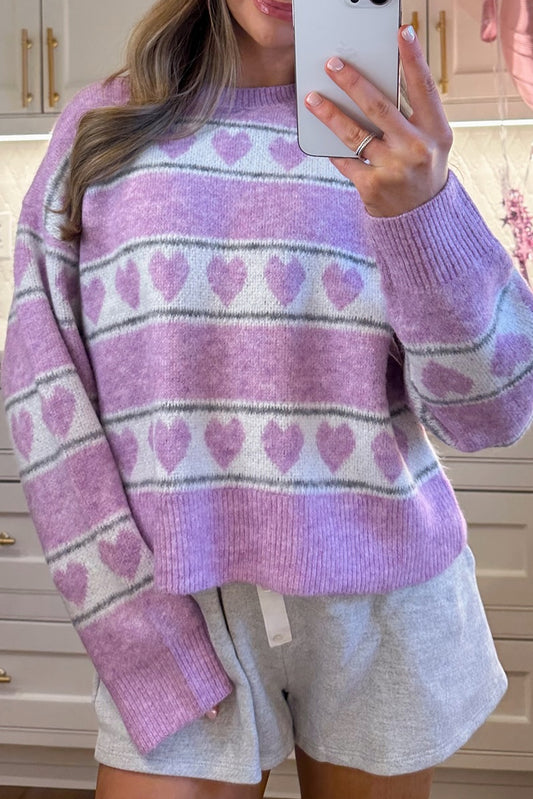 Purple Heart Print Striped Color Block Knit Loose Sweater