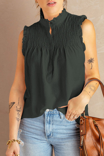 Green Buttoned Frill Tank Top