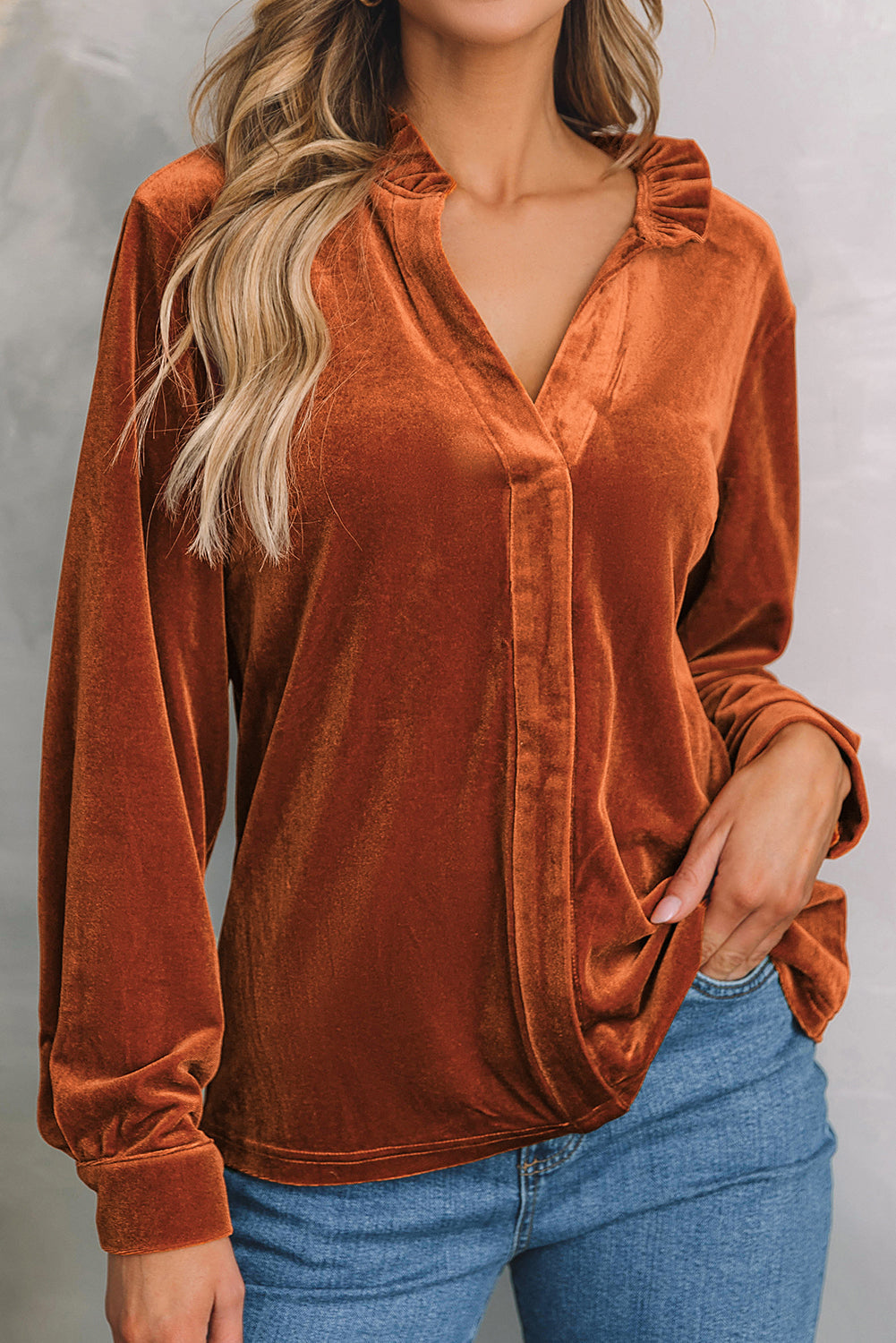 Golden Flame Frill-Collared Velvet Blouse