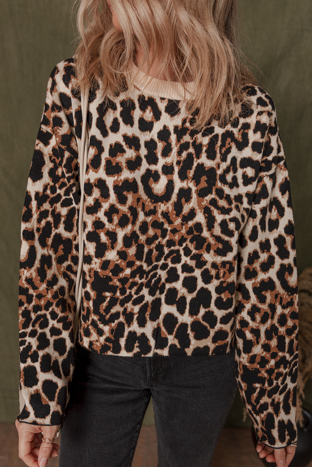 Brown Leopard Print Crew Neck Sweater