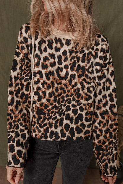 Brown Leopard Print Crew Neck Sweater